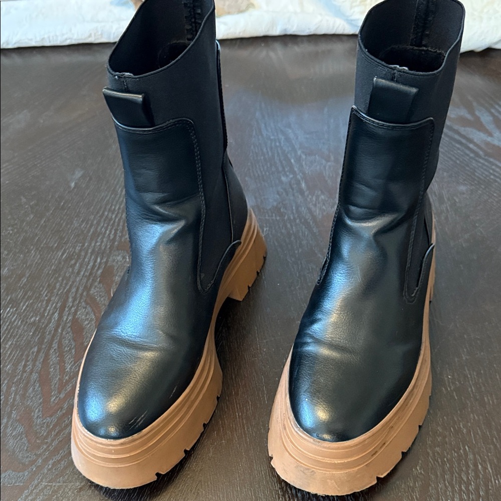 Black Leather Ankle Boots with Tan Soles